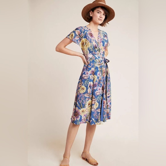 Kachel x Anthropologie Willow Wrap Silk Blend Midi Dress Floral Watercolor - Picture 4 of 13